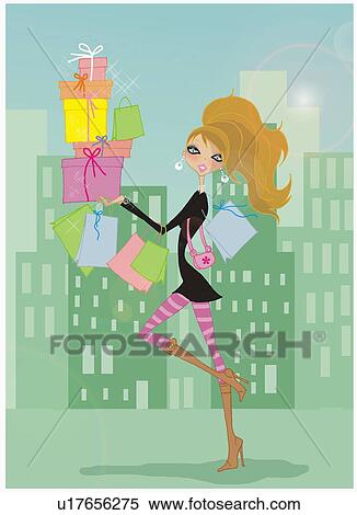 Stock Illustration - Woman in a cityscape walking with boxes and shopping bags. Fotosearch