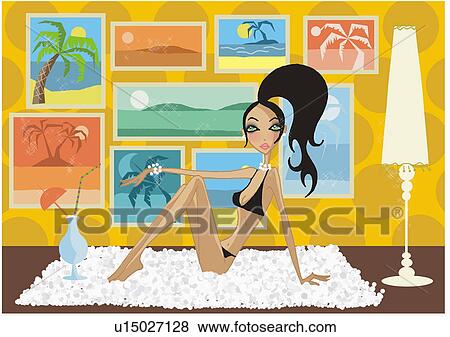 Stock Illustration - Woman in bikini on floor with vacation scenes on her wall. Fotosearch