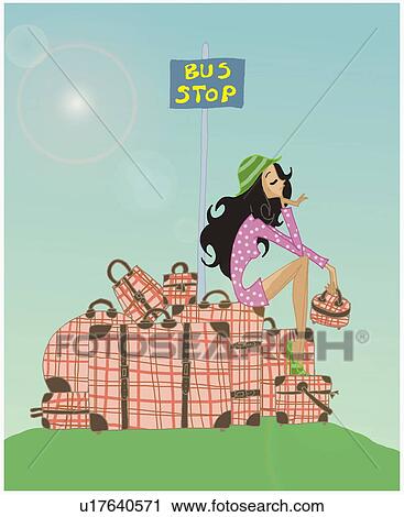 Clip Art - Woman in pink polka dot dress and green heels waiting at bus stop sitting on top of her checkered luggage set. Fotosearch
