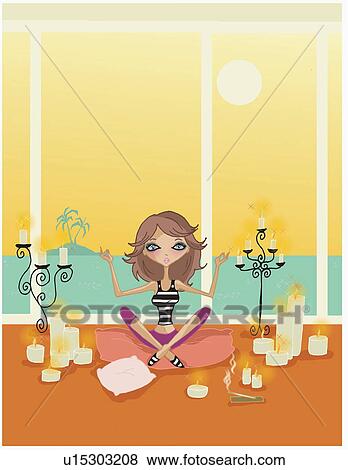 Stock Illustration - Woman meditating in a yoga pose holding her hands in a chin mudra. Fotosearch