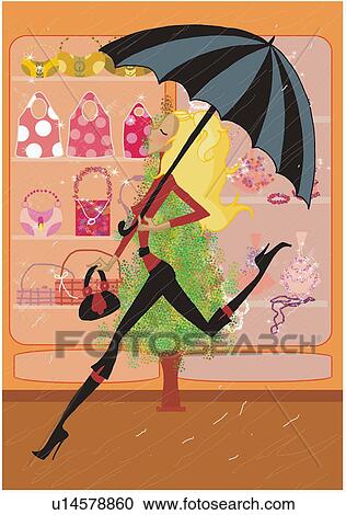 Woman running in the rain with her umbrella View Large Illustration Clipart - Woman running in the rain with her umbrella. Fotosearch
