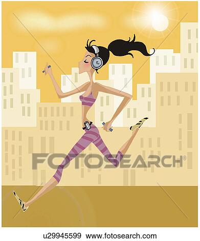 Stock Illustration - Woman running with headphones on in the city. Fotosearch