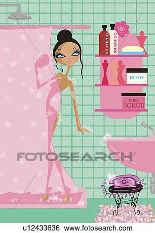 Stock Illustration - Woman showering with the phone in the bathroom. Fotosearch