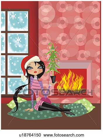 Clipart - Woman sitting by the fire with a little Christmas tree. Fotosearch