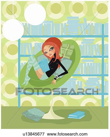 Stock Illustration - Woman sitting on armchair with a book. Fotosearch