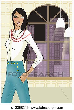 Stock Illustration - Woman standing in front of window with city view. Fotosearch