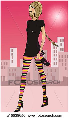 Clipart - Woman walking down city street in striped stockings. Fotosearch