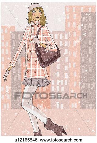 Stock Illustration - Woman walking in the snow in the city. Fotosearch