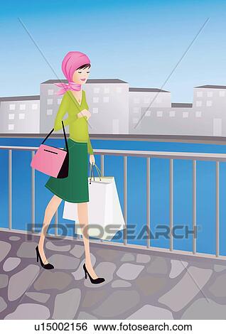 Woman walking with her shopping bags in a cityscape View Large Illustration Stock Illustration - Woman walking with her shopping bags in a cityscape. Fotosearch