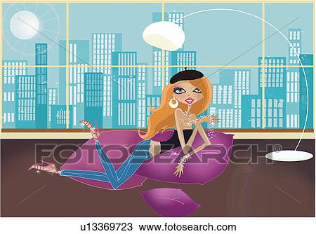Drawing - Woman wearing beret hat on floor pillows with city view. Fotosearch