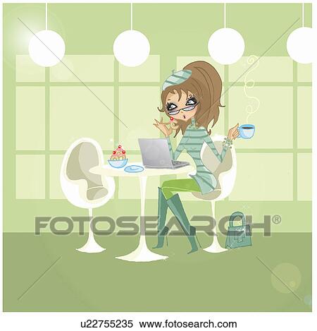 Stock Illustration - Woman with her laptop in a cafe. Fotosearch