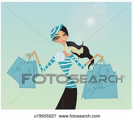 Stock Illustration - Woman with shopping bags from a sale. Fotosearch