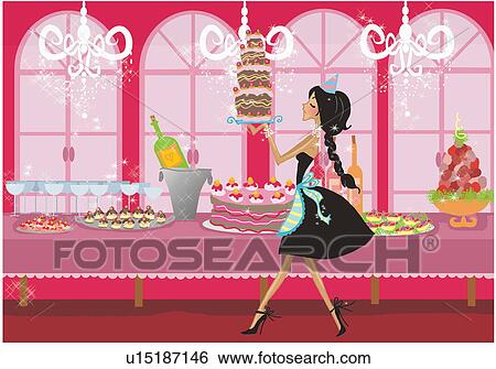 Stock Illustration - Young woman carrying a tall cake to a table full of sweets. Fotosearch