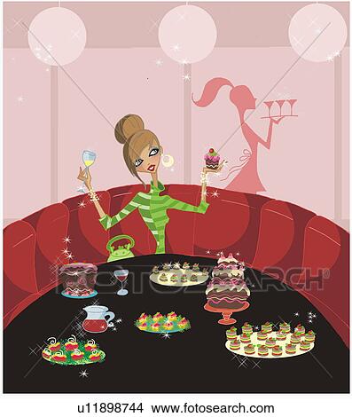 Stock Illustration - Young woman celebrating alone with a table full of sweets. Fotosearch