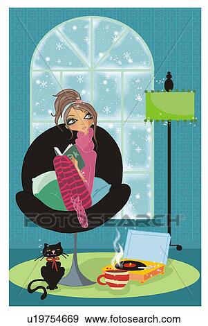 Stock Illustration - Young woman curling up on chair with a book. Fotosearch