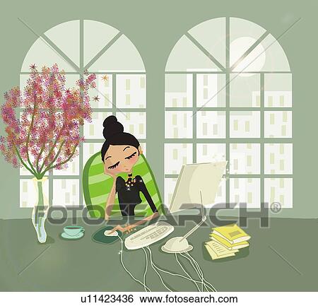 Young Woman Falling Asleep At Desk In Office Stock Illustration