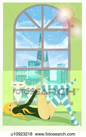 Young woman in knee socks lying on floor in front of window View Large Illustration Stock Illustration - Young woman in knee socks lying on floor in front of window. Fotosearch
