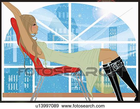 Stock Illustration - Young woman leaning back on chair in city apartment. Fotosearch