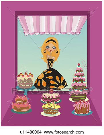 Young woman looking in a shop window at sweets View Large Illustration Stock Illustration - Young woman looking in a shop window at sweets. Fotosearch