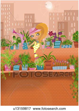 Young woman watering plants View Large Illustration Stock Illustration - Young woman watering plants. Fotosearch