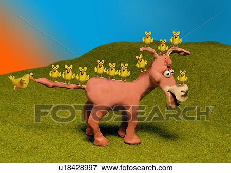 Stock Illustration - Donkey in the field with yellow birds lined up on him. Fotosearch