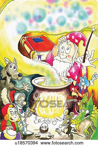 Stock Illustration - A magician up to his tricks over the cauldron. Fotosearch