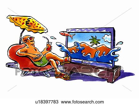 Drawing - Bald man having a virtual vacation experience in his living room with TV. Fotosearch