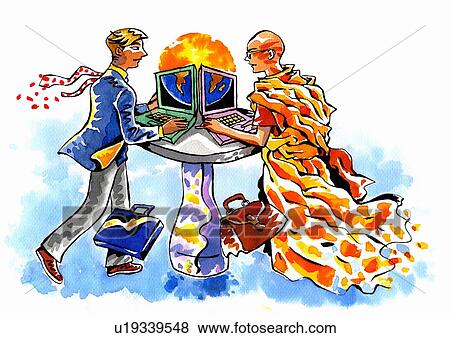 Stock Illustration - Business man and Buddhist monk each at a laptop. Fotosearch