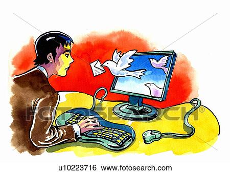 Business man looking at dove delivering mail from the computer monitor View Large Illustration Stock Illustration - Business man looking at dove delivering mail from the computer monitor. Fotosearch
