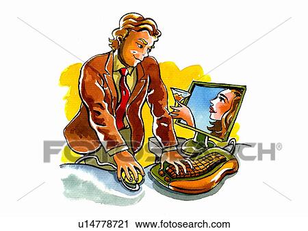 Business man looking at woman offering him a drink from the computer View Large Illustration Clip Art - Business man looking at woman offering him a drink from the computer. Fotosearch