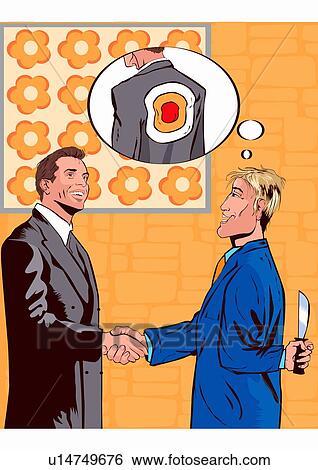 Businessmen shaking hands while one is ready to backstab the other View Large Illustration Stock Illustration - Businessmen shaking hands while one is ready to backstab the other. Fotosearch