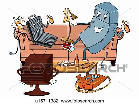 Drawing - Cell phone and laptop having a party. Fotosearch