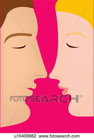 Drawing - Closeup of couple with eyes closed touching noses. Fotosearch