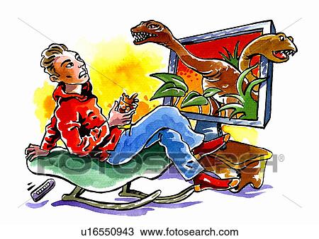 Dinosaurs coming out of man's television View Large Illustration Drawing - Dinosaurs coming out of man's television. Fotosearch