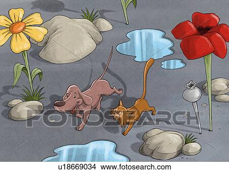 Stock Illustration - Dog taking a walk after the rain with a cat. Fotosearch