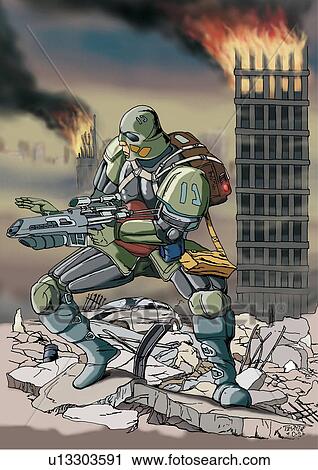Futuristic warrior in action with his weapon View Large Illustration Clip Art - Futuristic warrior in action with his weapon. Fotosearch