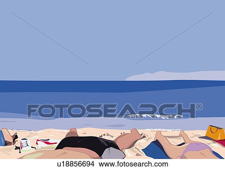 Lower bodies of people sunbathing on beach View Large Illustration Stock Illustration - Lower bodies of people sunbathing on beach. Fotosearch