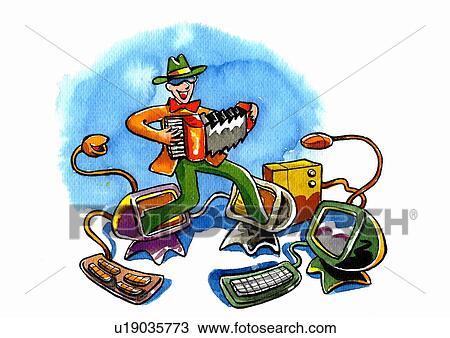 Drawing - Man playing accordion stepping out of several computer monitors. Fotosearch