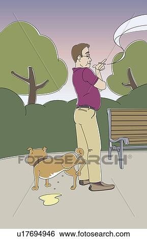 Man waiting for dog to urinate in the park View Large Illustration Stock Illustration - Man waiting for dog to urinate in the park. Fotosearch