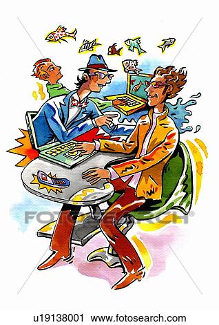 Men at laptop with images jumping out of their screens View Large Illustration Clip Art - Men at laptop with images jumping out of their screens. Fotosearch