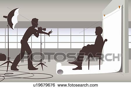 Stock Illustration - Photographer positioning his subject sitting on a chair. Fotosearch