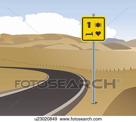 Stock Illustration - Road sign for gas, food, lodging, and love on a desert road. Fotosearch