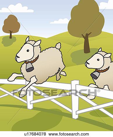 Stock Illustration - Sheep jumping over fence. Fotosearch