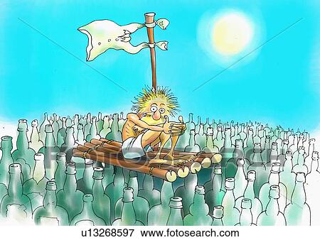 Starving man on a raft in a sea of bottles View Large Illustration Stock Illustration - Starving man on a raft in a sea of bottles. Fotosearch