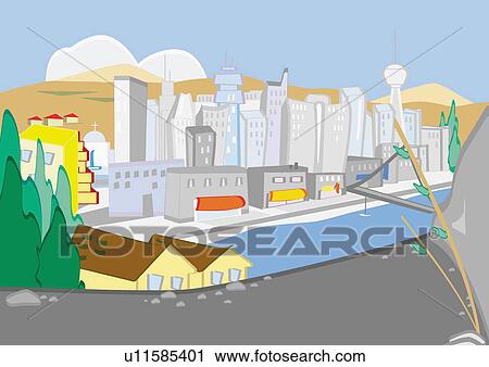 Clip Art - View of city from across the water. Fotosearch