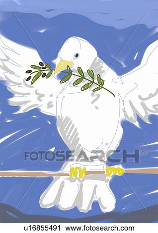 Clip Art - White dove with olive branch in beak and wings spread. Fotosearch