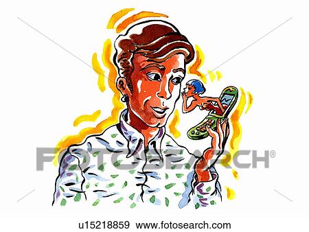 Stock Illustration - Woman jumping out of man's mobile phone to talk to him. Fotosearch
