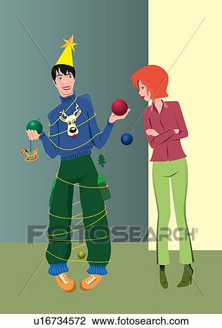 Drawing - Woman looking at man all wrapped up in Xmas decorations. Fotosearch