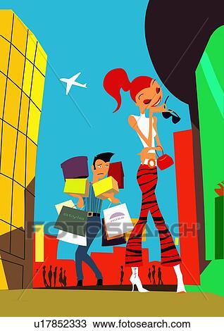 Woman walking with man behind her holding all the shopping View Large Illustration Drawing - Woman walking with man behind her holding all the shopping. Fotosearch