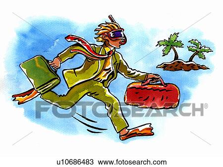 Drawing - Young man in green suit and scuba gear dashing from work to vacation. Fotosearch